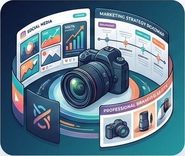 Marketing and media illustration showing growth charts and video studio media